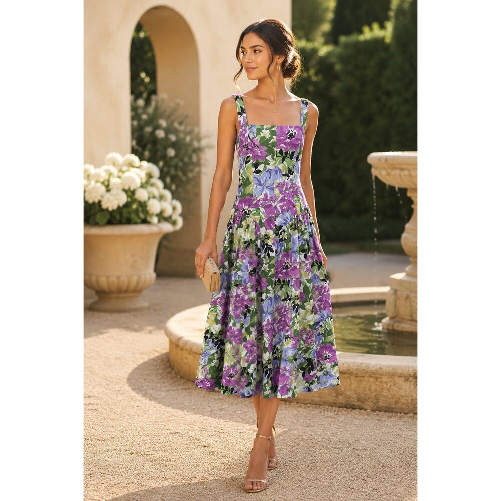Banjanan Aurora Dress S Purple Blue Green Floral Chive Bouquet Floral Midi NEW